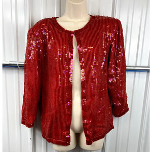 VTG Sweelo Kazar 100% Silk Linked Beaded Sequin Jacket Red Pink small glam Swift